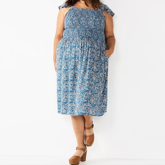 Floral Dress Sonoma Blue White Smocked Midi Women's Plus 0X Cottagecore - Picture 2 of 10